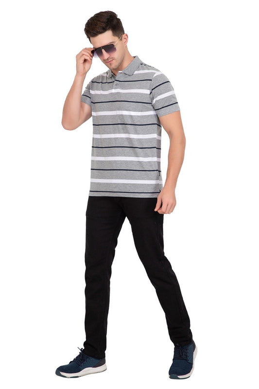 Light Grey Striped Men Half Sleeve Polo T-Shirt With Pocket