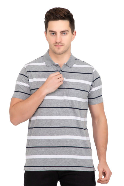 Light Grey Striped Men Half Sleeve Polo T-Shirt With Pocket