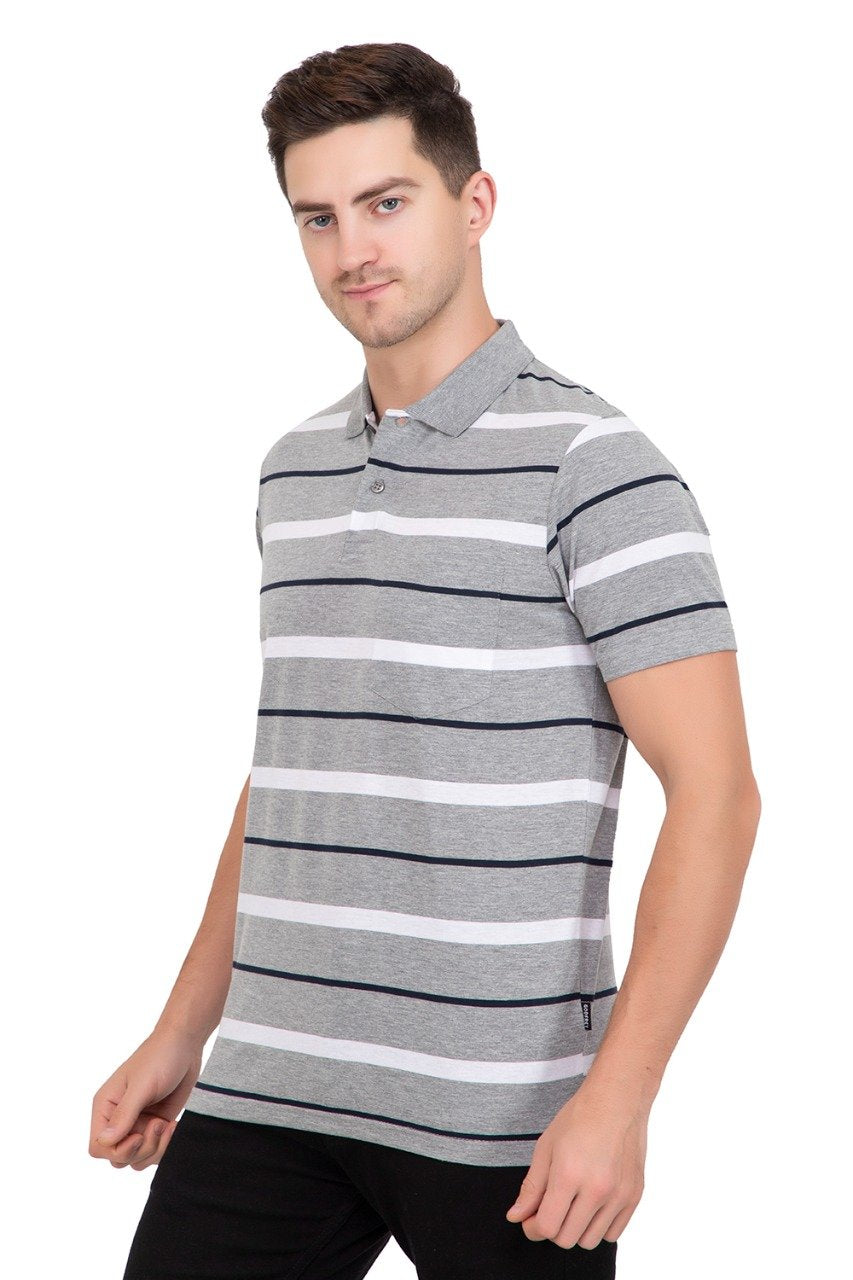 Light Grey Striped Men Half Sleeve Polo T-Shirt With Pocket