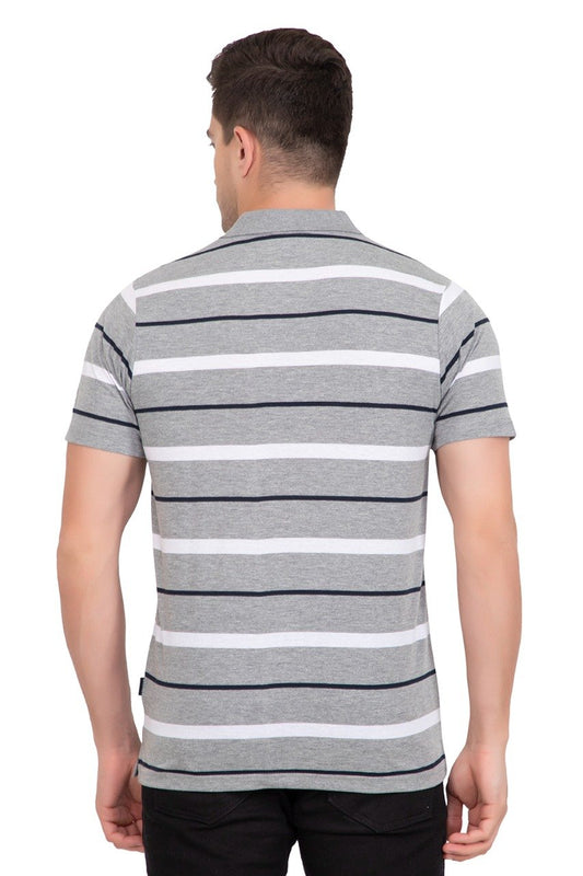 Light Grey Striped Men Half Sleeve Polo T-Shirt With Pocket