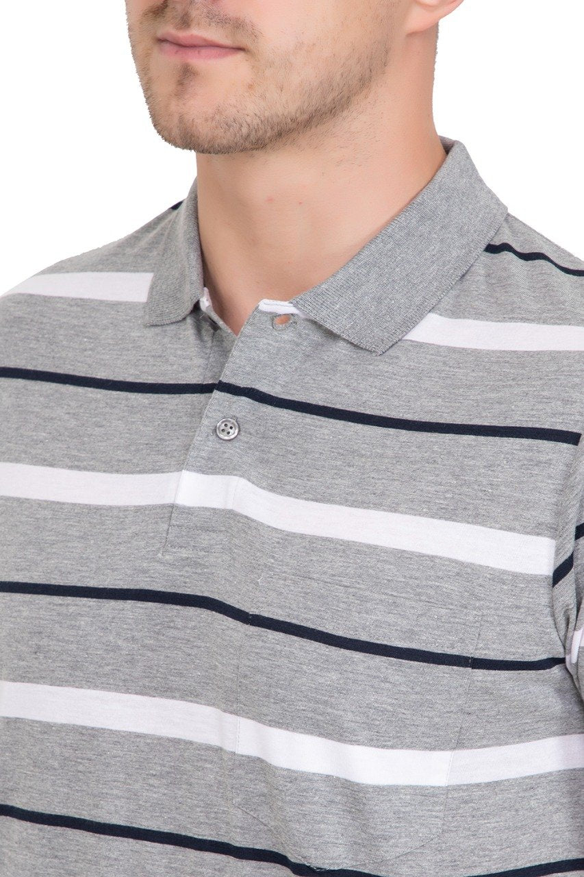 Light Grey Striped Men Half Sleeve Polo T-Shirt With Pocket