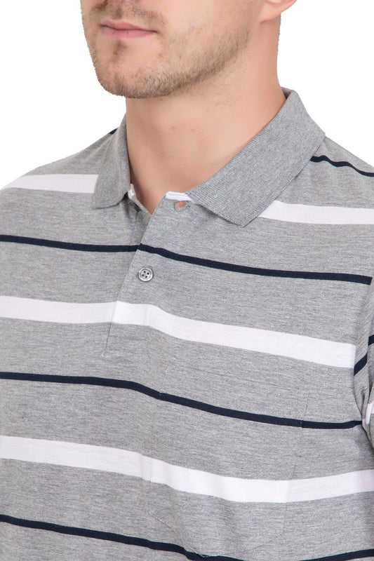 Light Grey Striped Men Half Sleeve Polo T-Shirt With Pocket