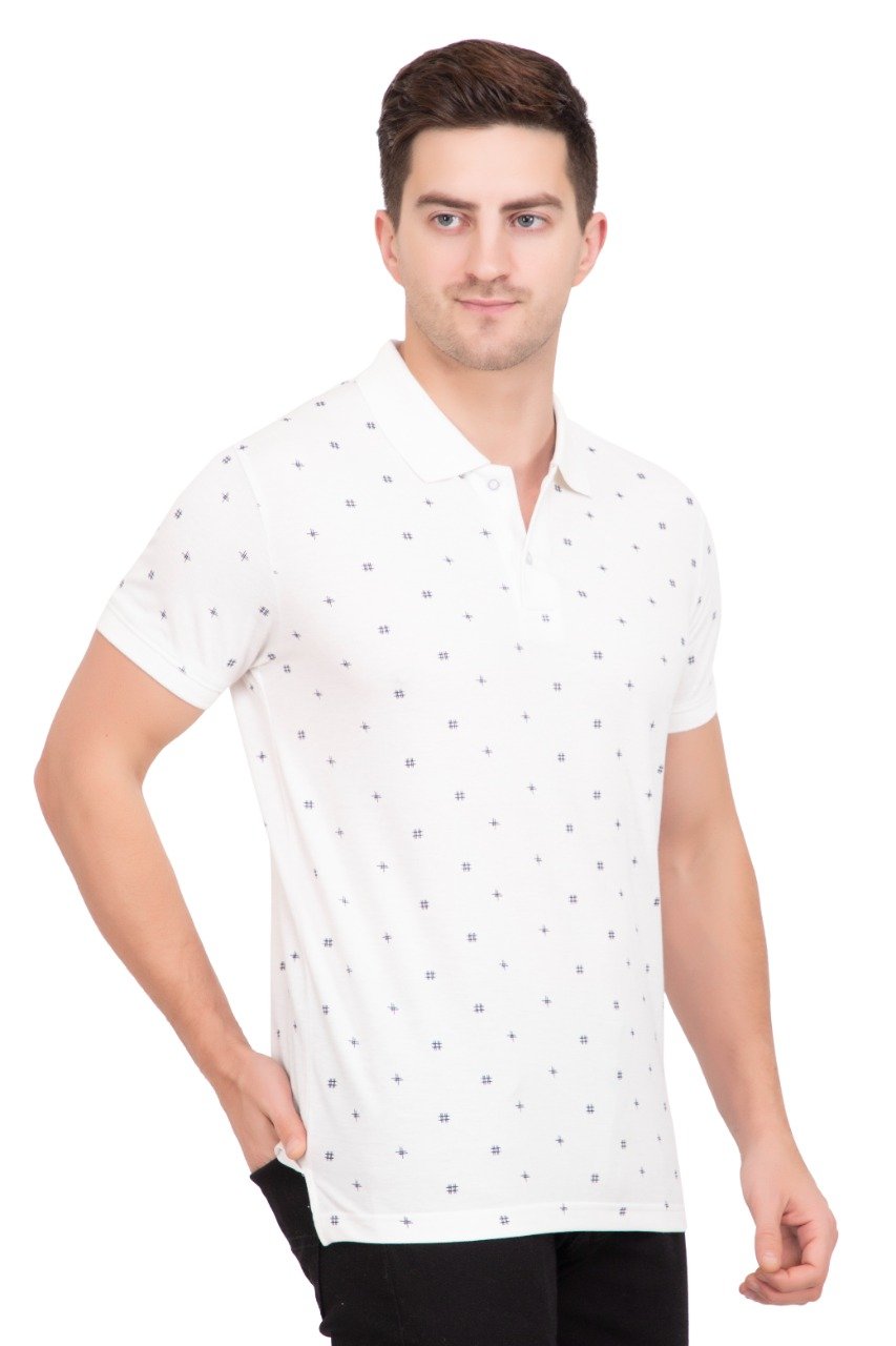 White Printed Polo Neck Cotton T-Shirt