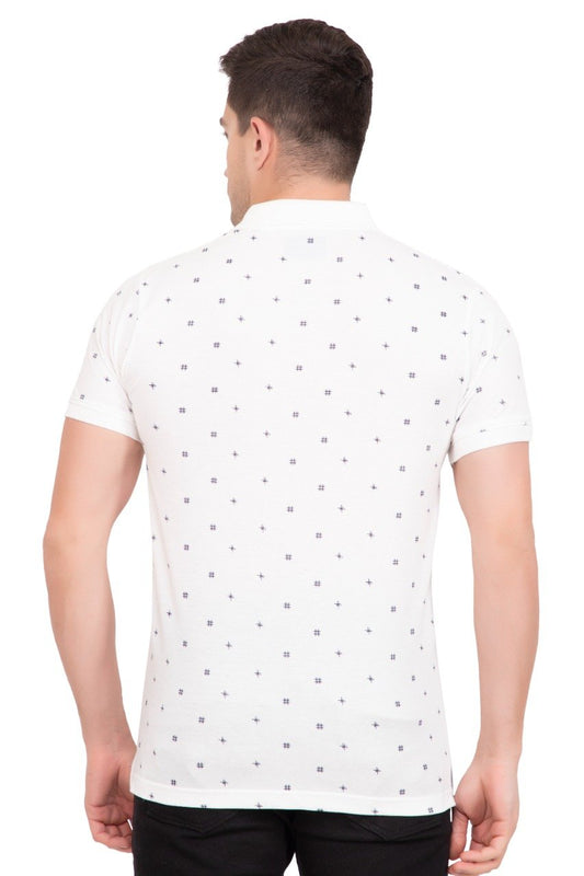 White Printed Polo Neck Cotton T-Shirt