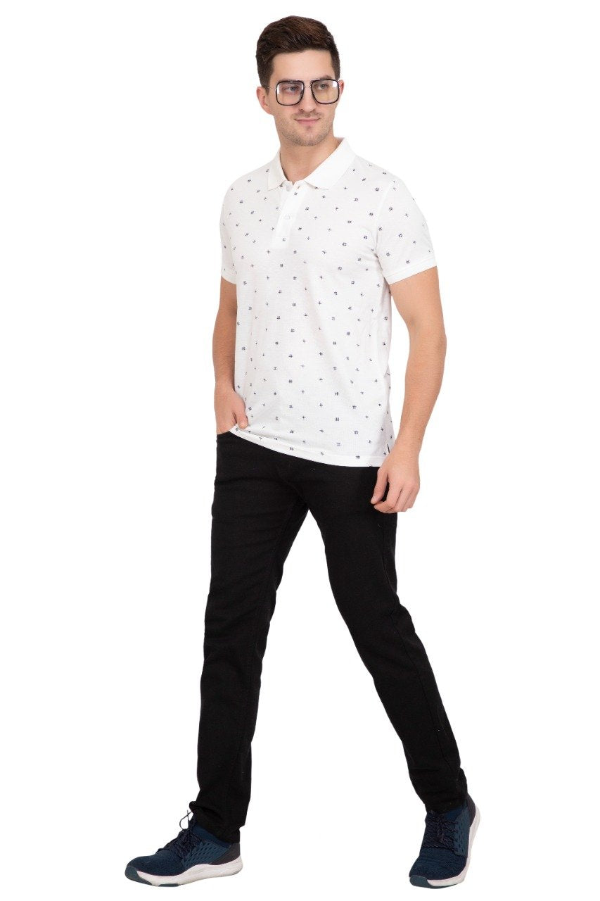 White Printed Polo Neck Cotton T-Shirt