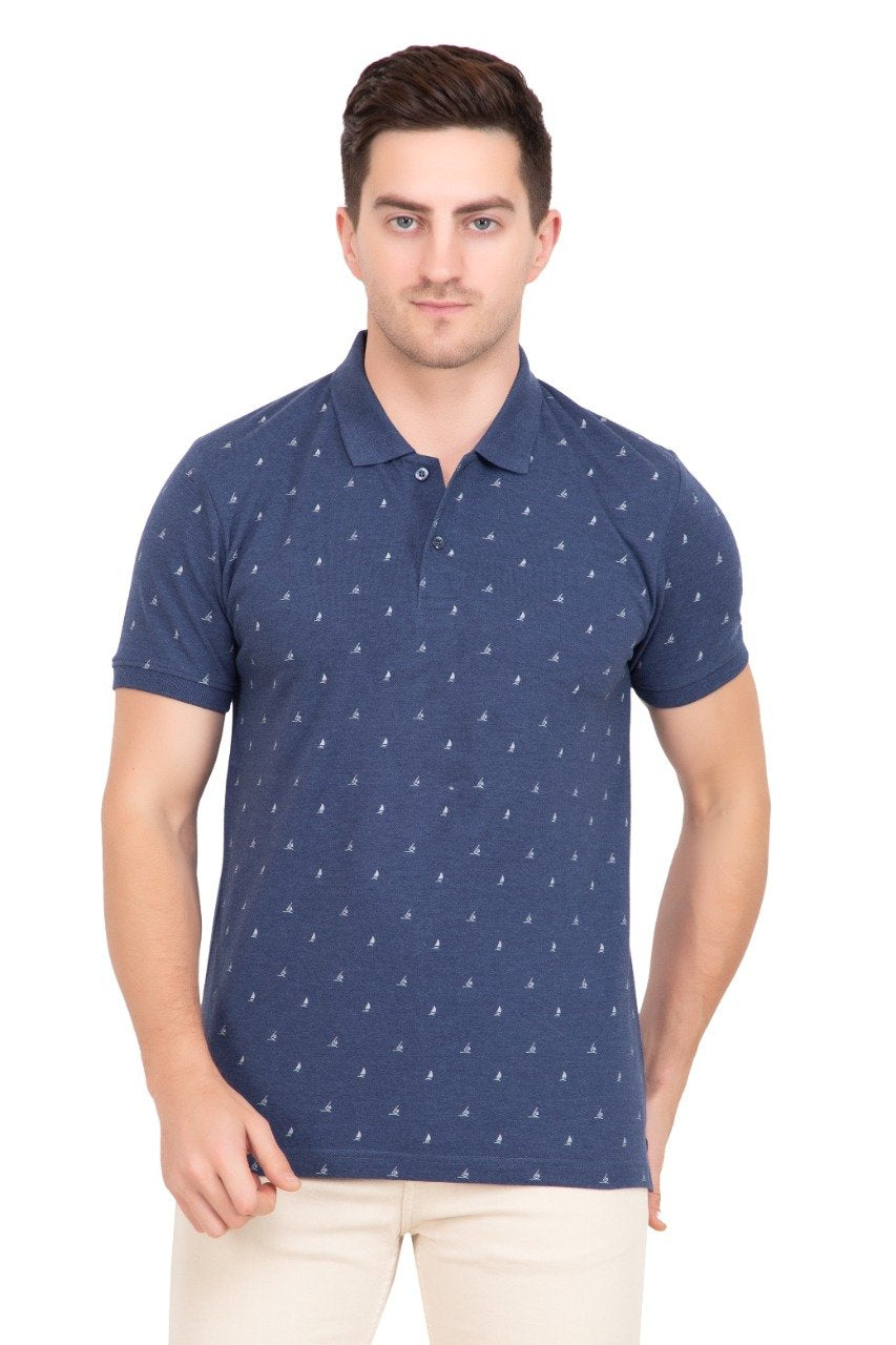 Denim Printed Polo Neck Cotton T-Shirt