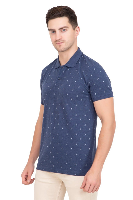 Denim Printed Polo Neck Cotton T-Shirt
