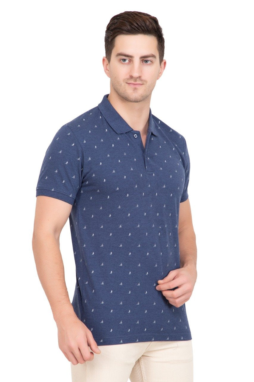 Denim Printed Polo Neck Cotton T-Shirt