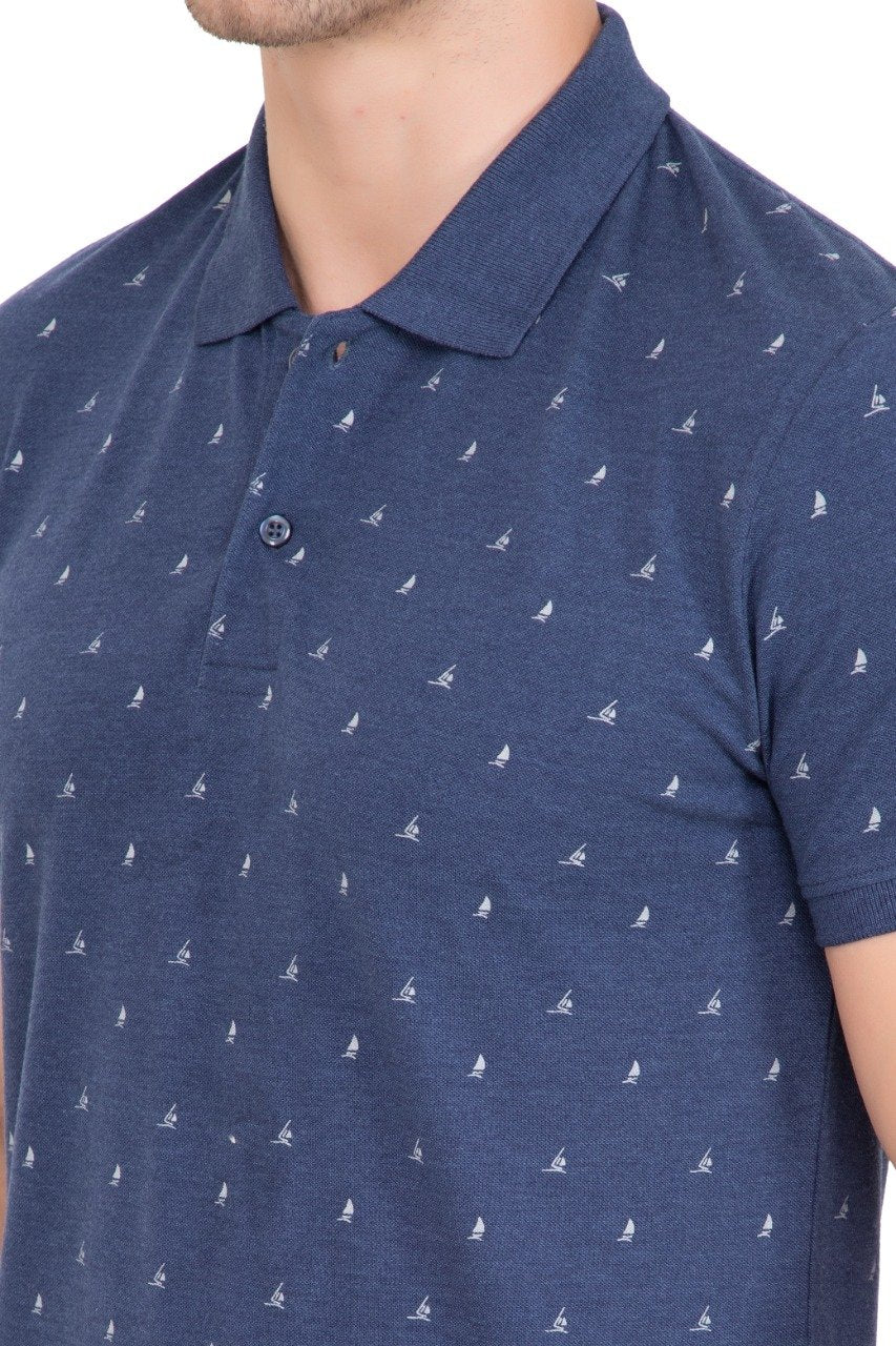 Denim Printed Polo Neck Cotton T-Shirt
