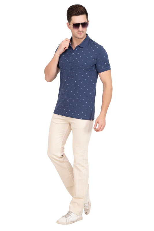 Denim Printed Polo Neck Cotton T-Shirt