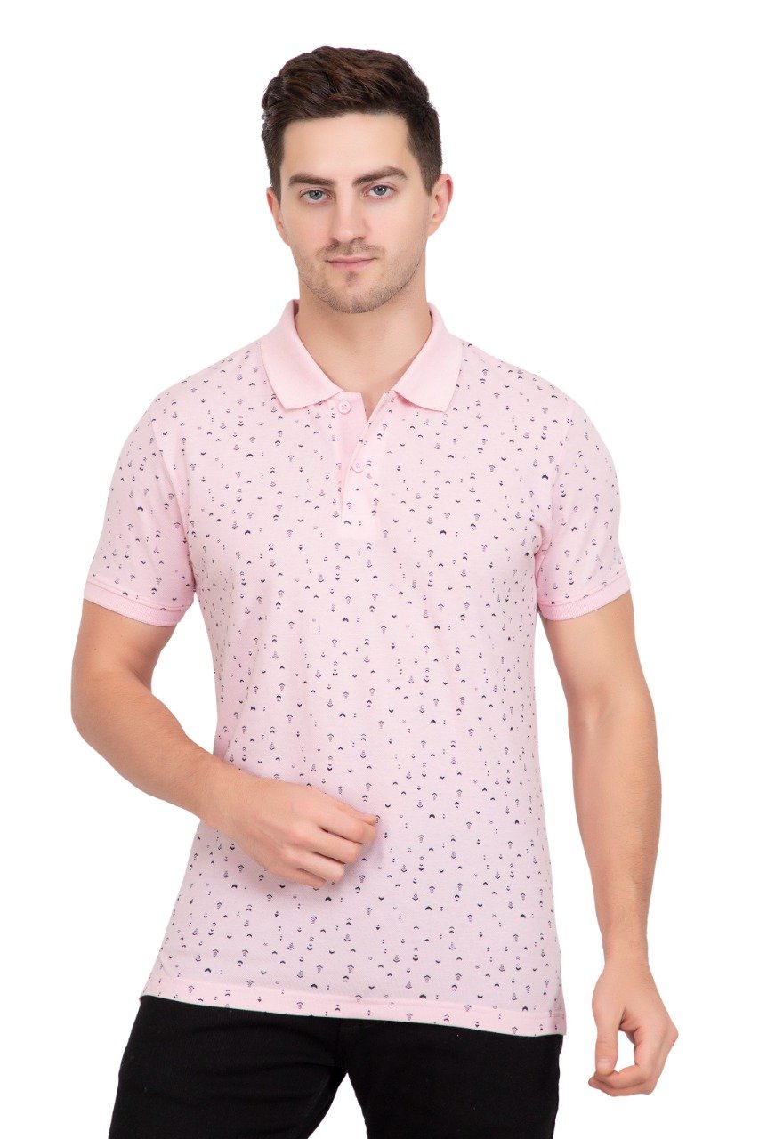 Baby Pink Printed Polo Neck Cotton T-Shirt