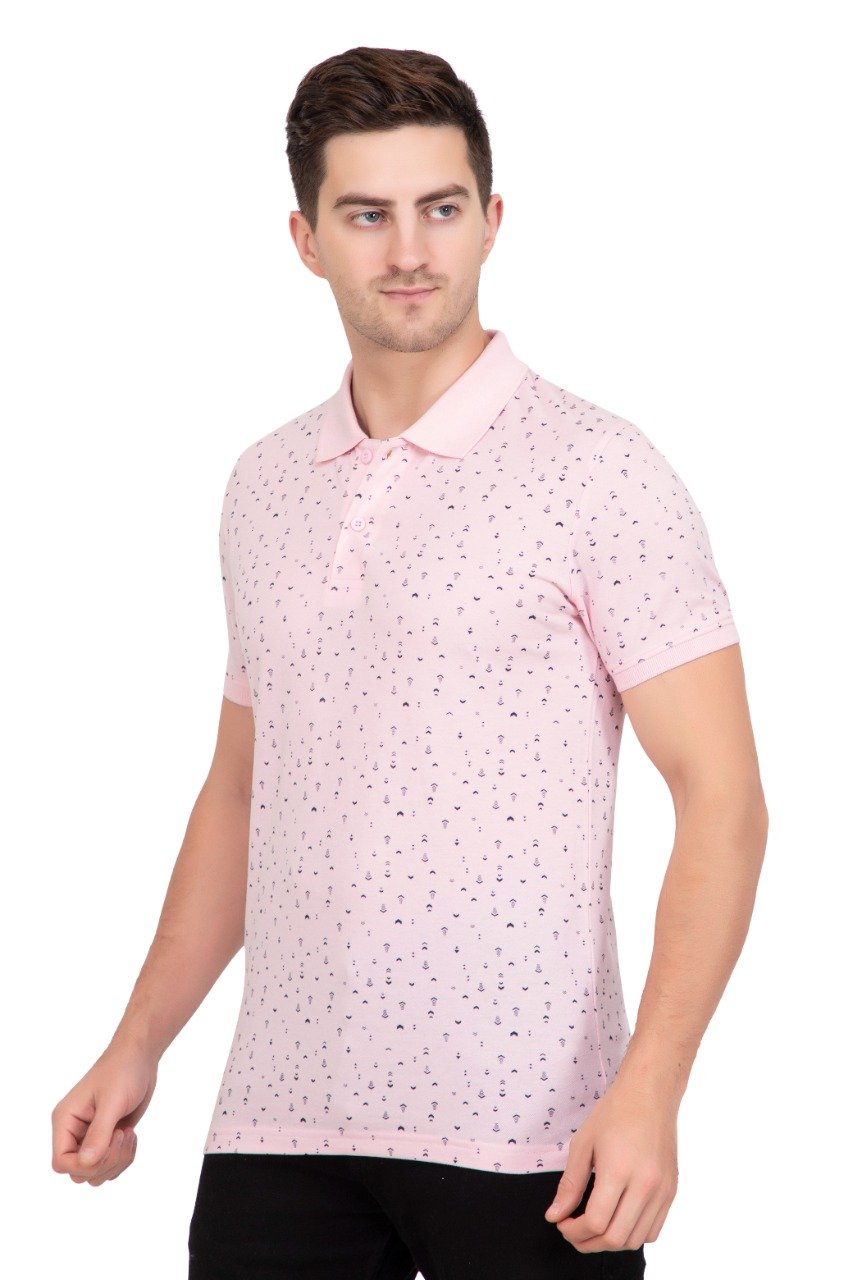 Baby Pink Printed Polo Neck Cotton T-Shirt