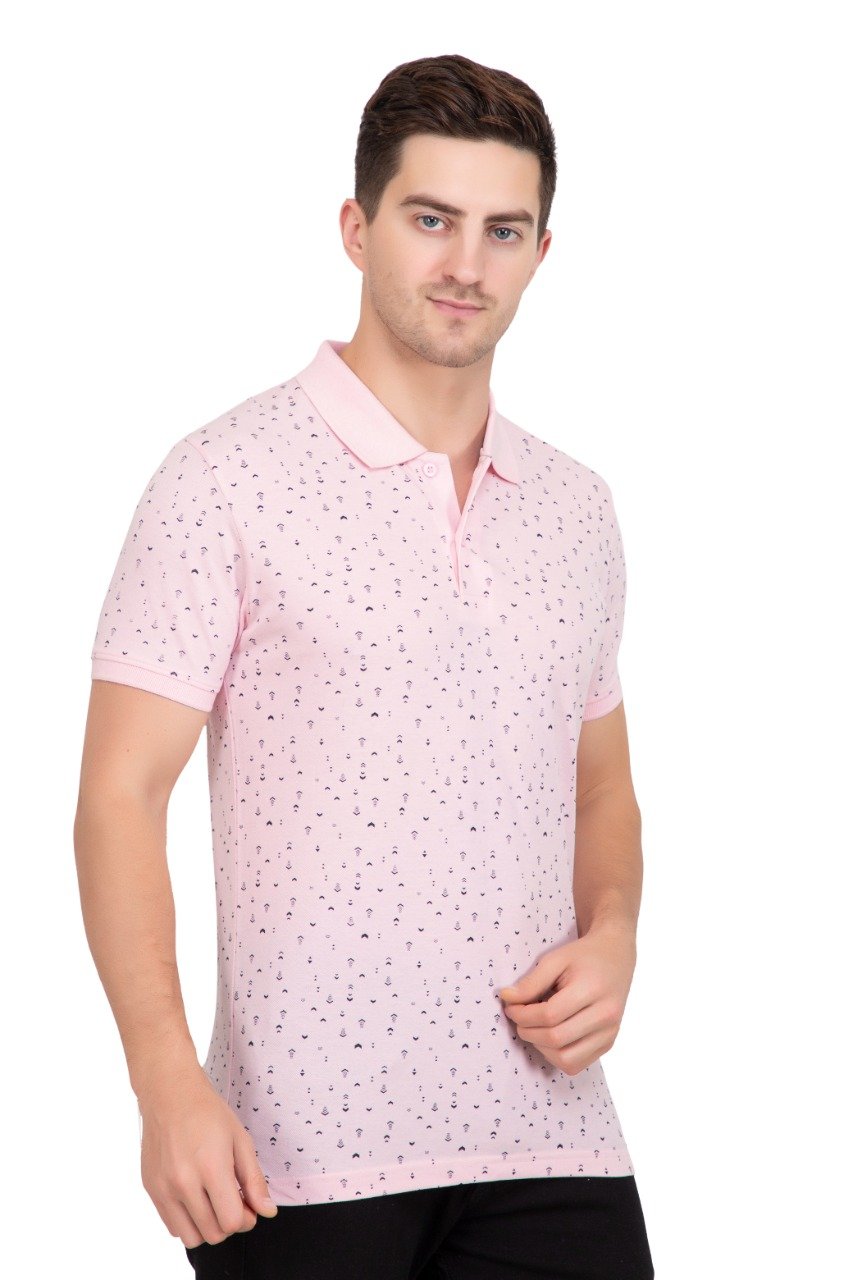 Baby Pink Printed Polo Neck Cotton T-Shirt