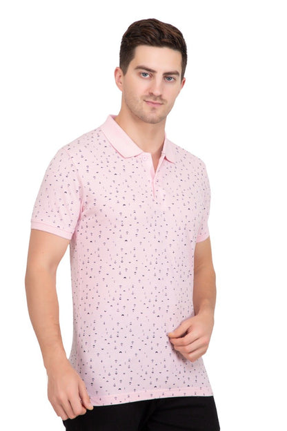 Baby Pink Printed Polo Neck Cotton T-Shirt
