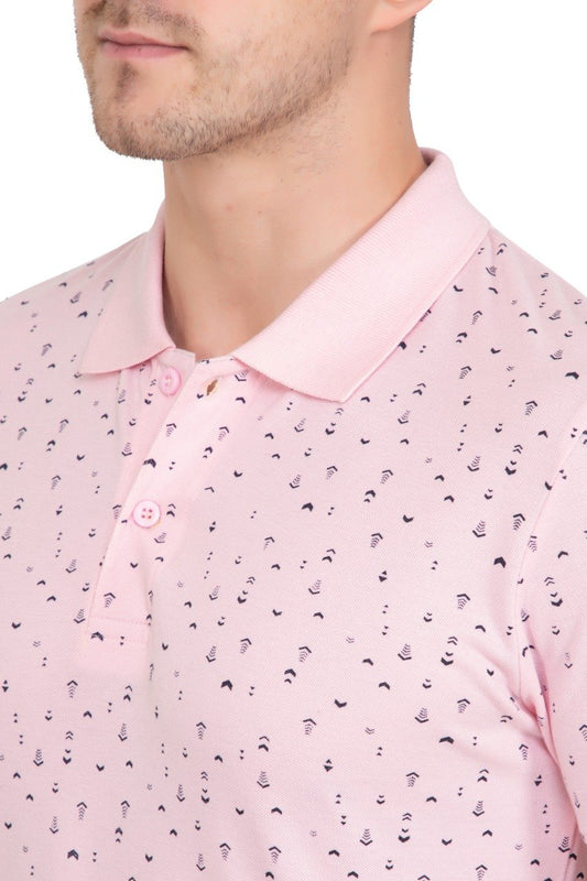 Baby Pink Printed Polo Neck Cotton T-Shirt