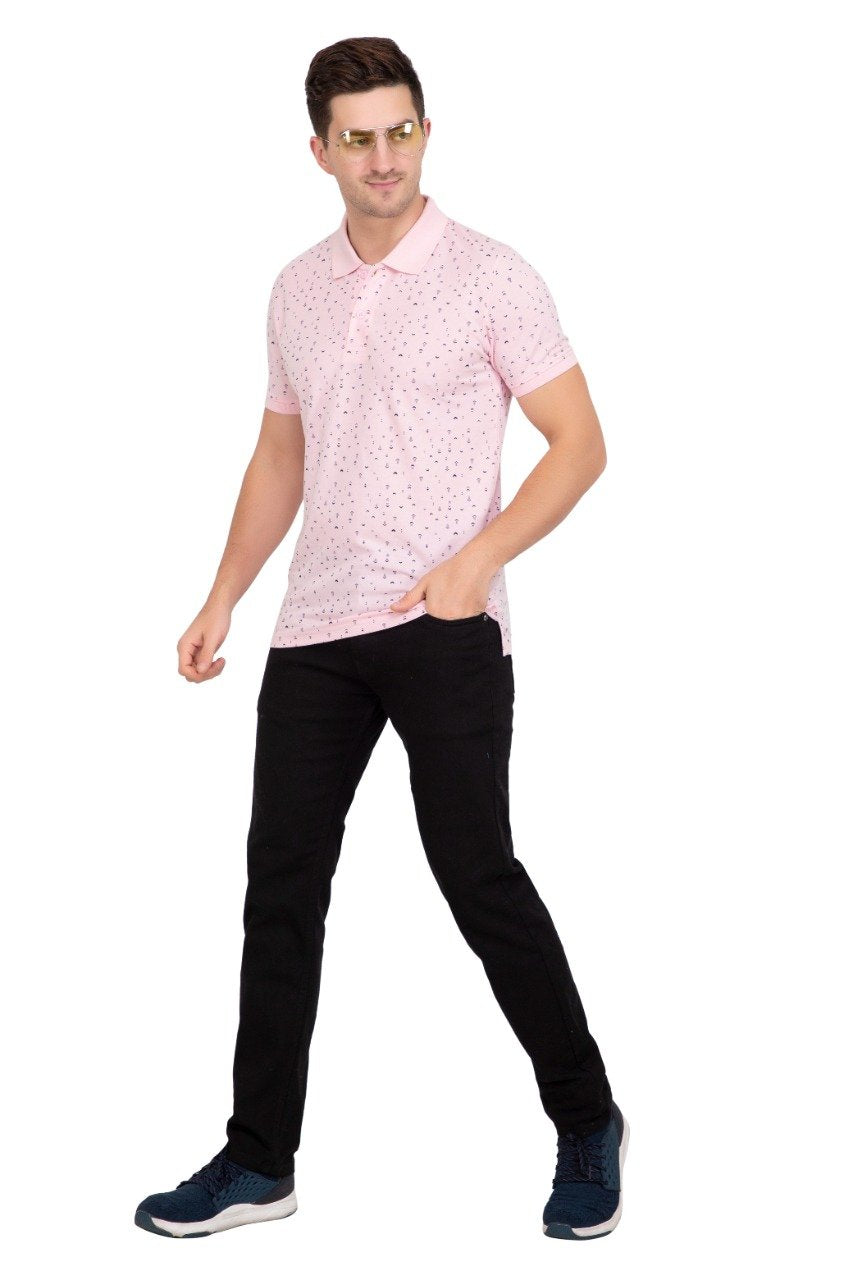 Baby Pink Printed Polo Neck Cotton T-Shirt