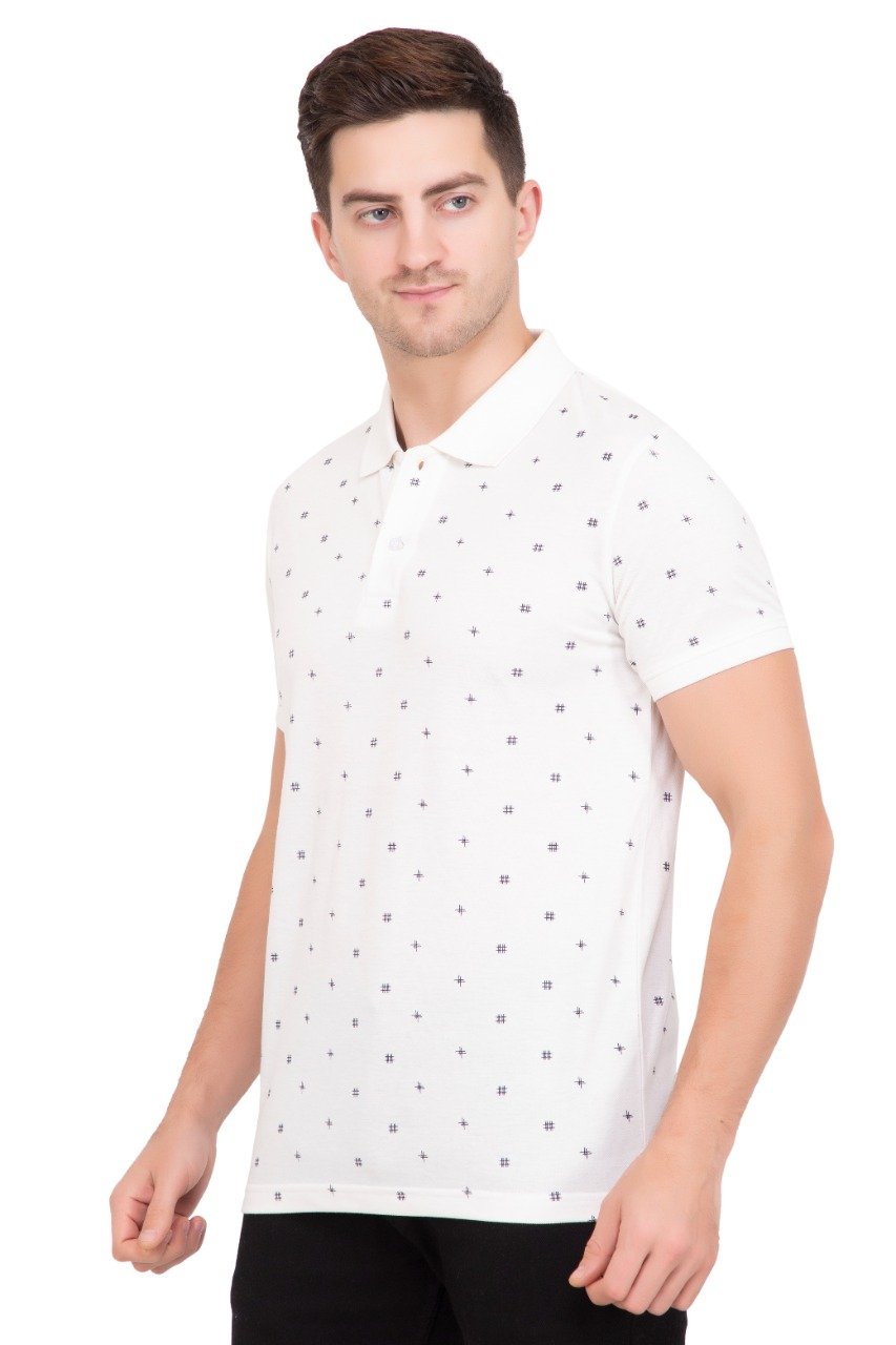 White Printed Polo Neck Cotton T-Shirt