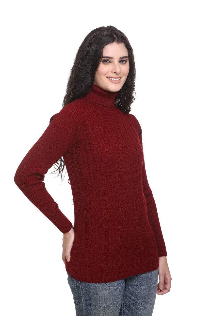 Maroon High Neck Sweater For Women Cable Knit