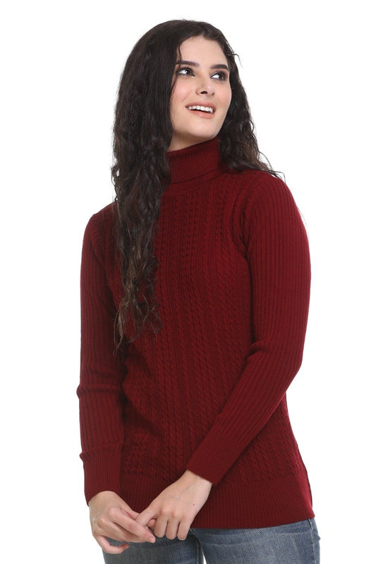 Maroon High Neck Sweater For Women Cable Knit
