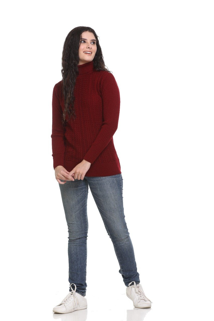 Maroon High Neck Sweater For Women Cable Knit