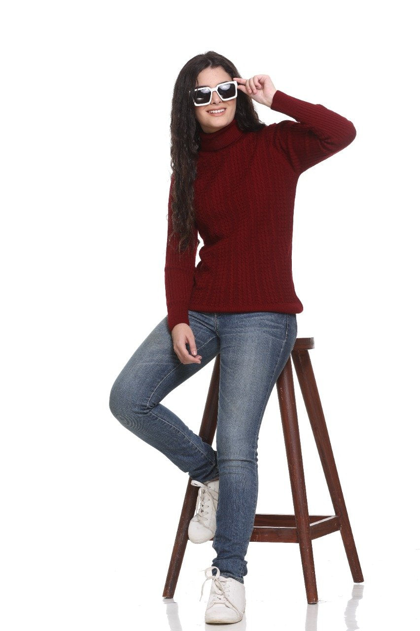 Maroon High Neck Sweater For Women Cable Knit