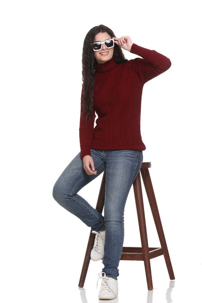 Maroon High Neck Sweater For Women Cable Knit