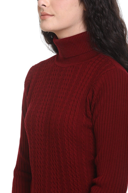 Maroon High Neck Sweater For Women Cable Knit