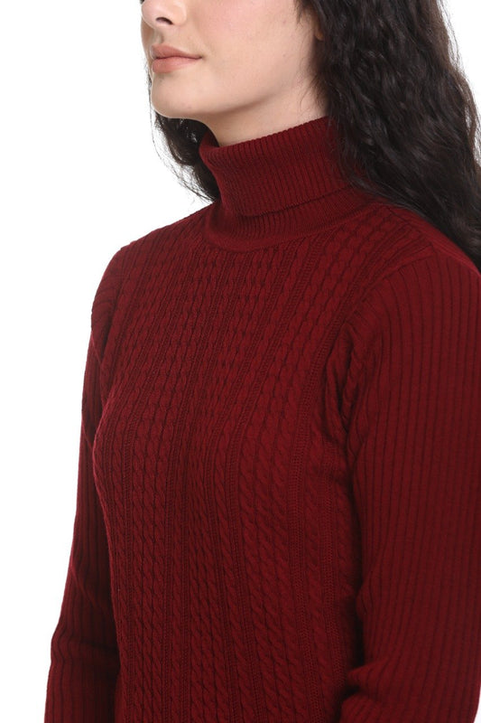 Maroon High Neck Sweater For Women Cable Knit