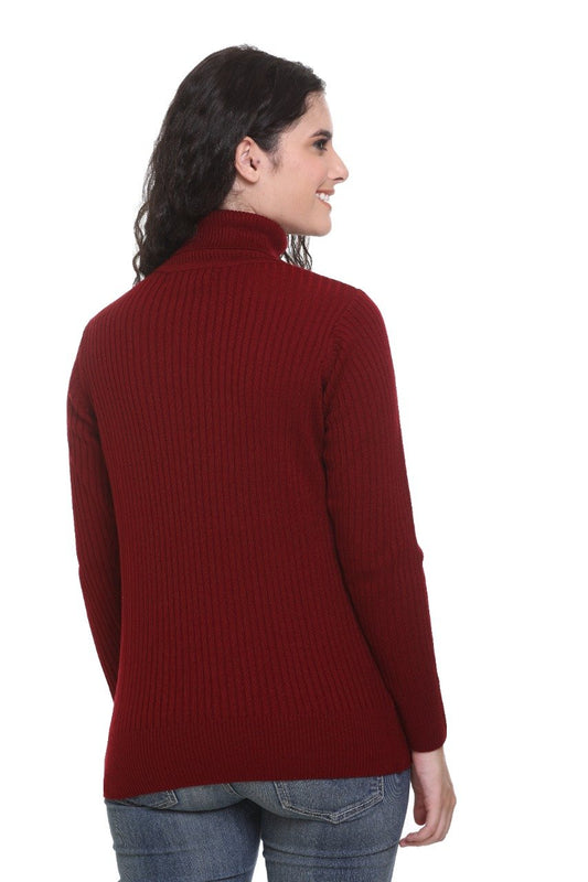 Maroon High Neck Sweater For Women Cable Knit