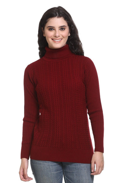 Maroon High Neck Sweater For Women Cable Knit