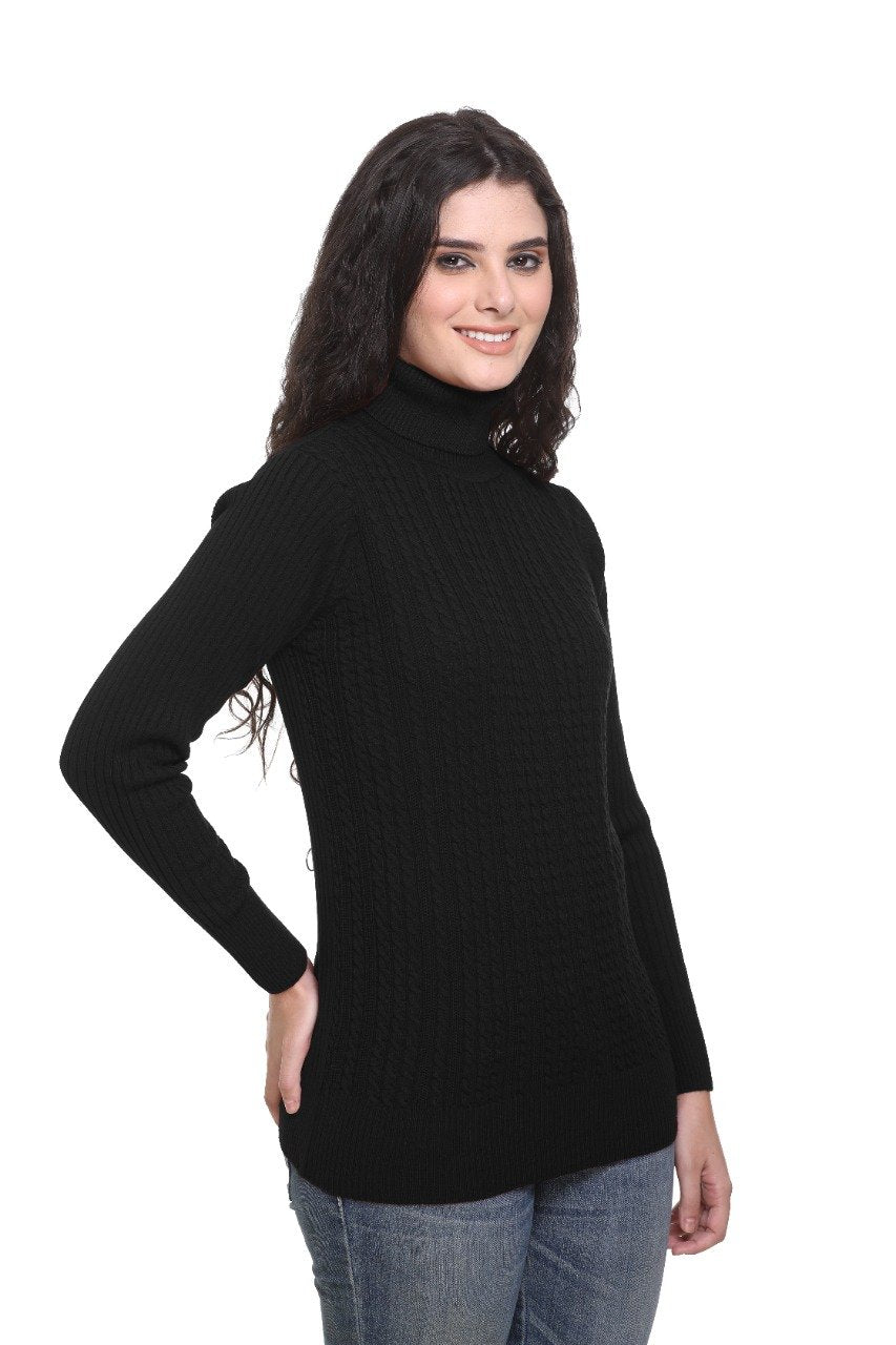 Black High Neck full Sleeve Sweater Cable Knit