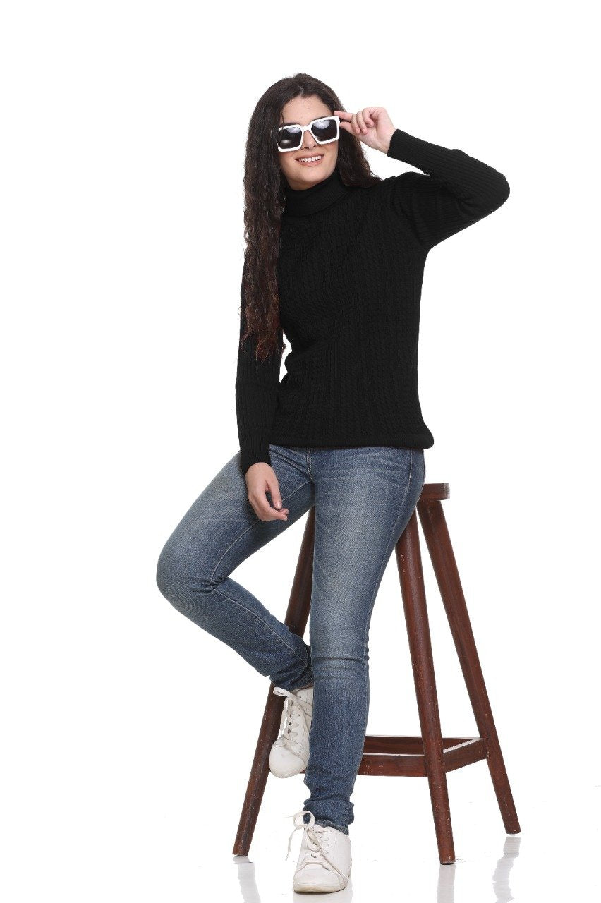 Black High Neck full Sleeve Sweater Cable Knit