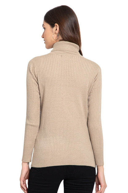 Beige High Neck full Sleeve Women Sweater Cable Knit