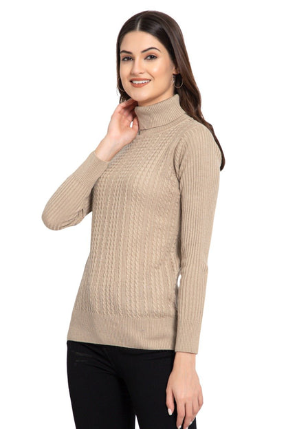 Beige High Neck full Sleeve Women Sweater Cable Knit