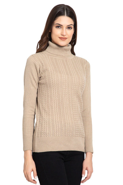 Beige High Neck full Sleeve Women Sweater Cable Knit