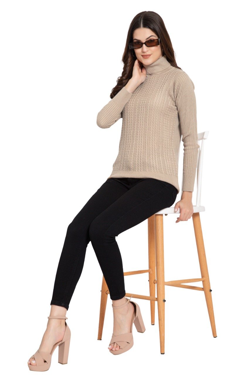 Beige High Neck full Sleeve Women Sweater Cable Knit