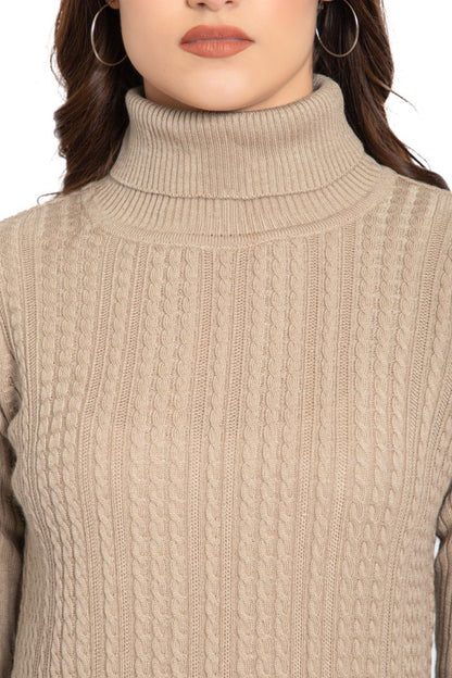 Beige High Neck full Sleeve Women Sweater Cable Knit