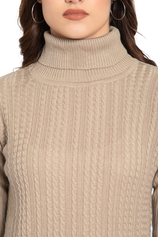 Beige High Neck full Sleeve Women Sweater Cable Knit