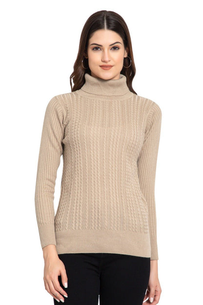 Beige High Neck full Sleeve Women Sweater Cable Knit