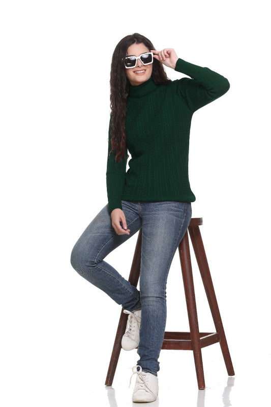 Olive High Neck full Sleeve Women Sweater Cable Knit