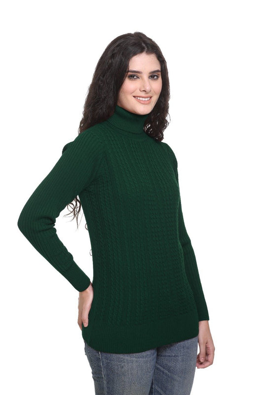 Olive High Neck full Sleeve Women Sweater Cable Knit