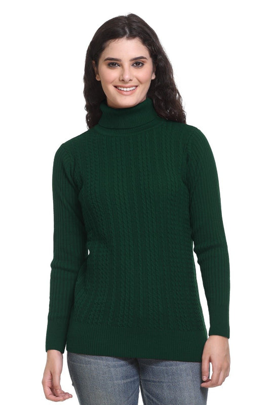 Olive High Neck full Sleeve Women Sweater Cable Knit