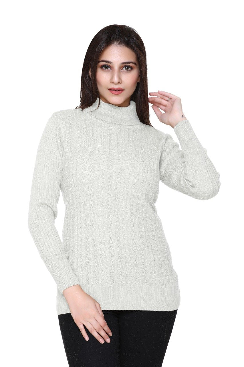 Off White High Neck full Sleeve Sweater Cable Knit
