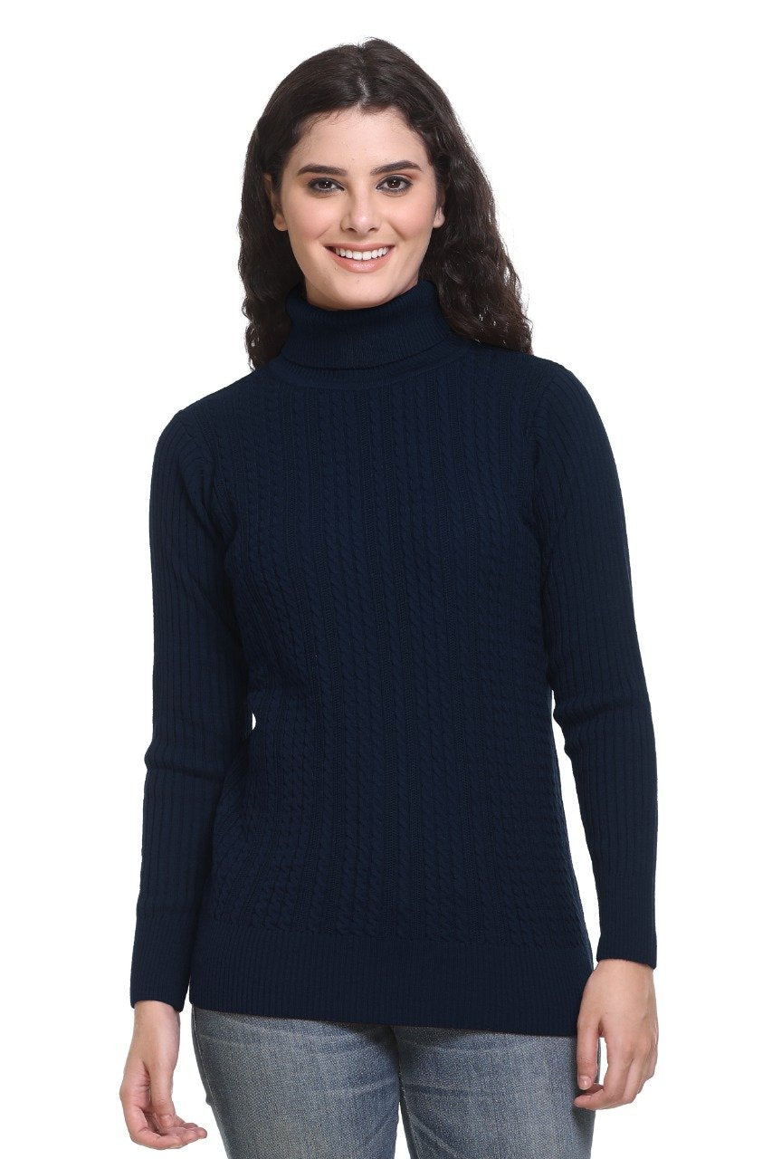 Navy High Neck full Sleeve Women Sweater Cable Knit