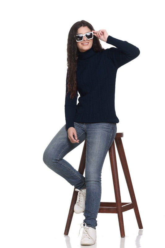 Navy High Neck full Sleeve Women Sweater Cable Knit