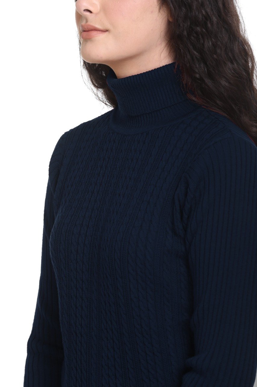 Navy High Neck full Sleeve Women Sweater Cable Knit