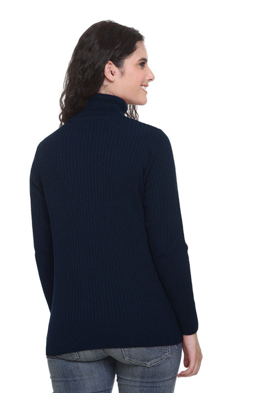 Navy High Neck full Sleeve Women Sweater Cable Knit