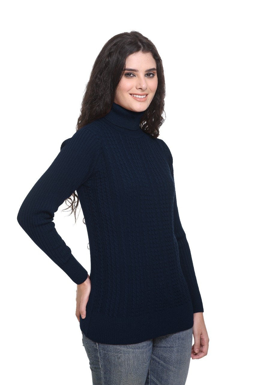 Navy High Neck full Sleeve Women Sweater Cable Knit
