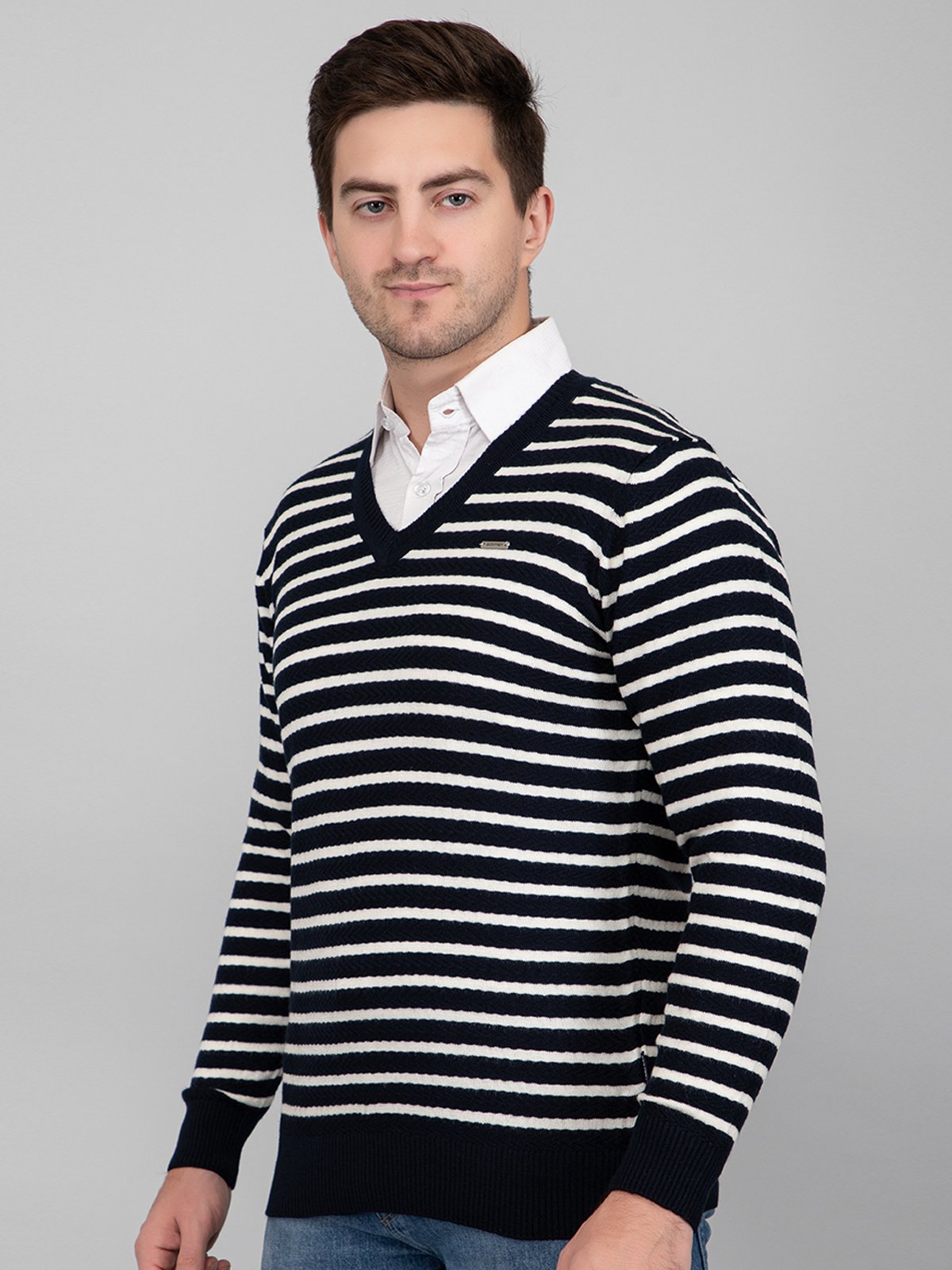Navy Woolen V-Neck Striped Sweater For Men