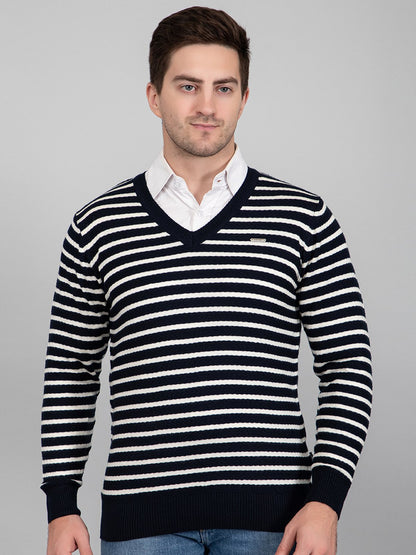Navy Woolen V-Neck Striped Sweater For Men
